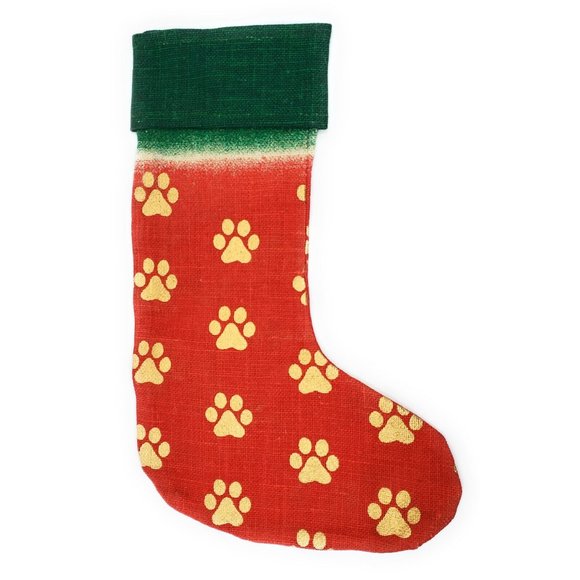 Paw Print Holiday Stocking 100% Jute Red and Green with Gold Pawprints New - Picture 2 of 2